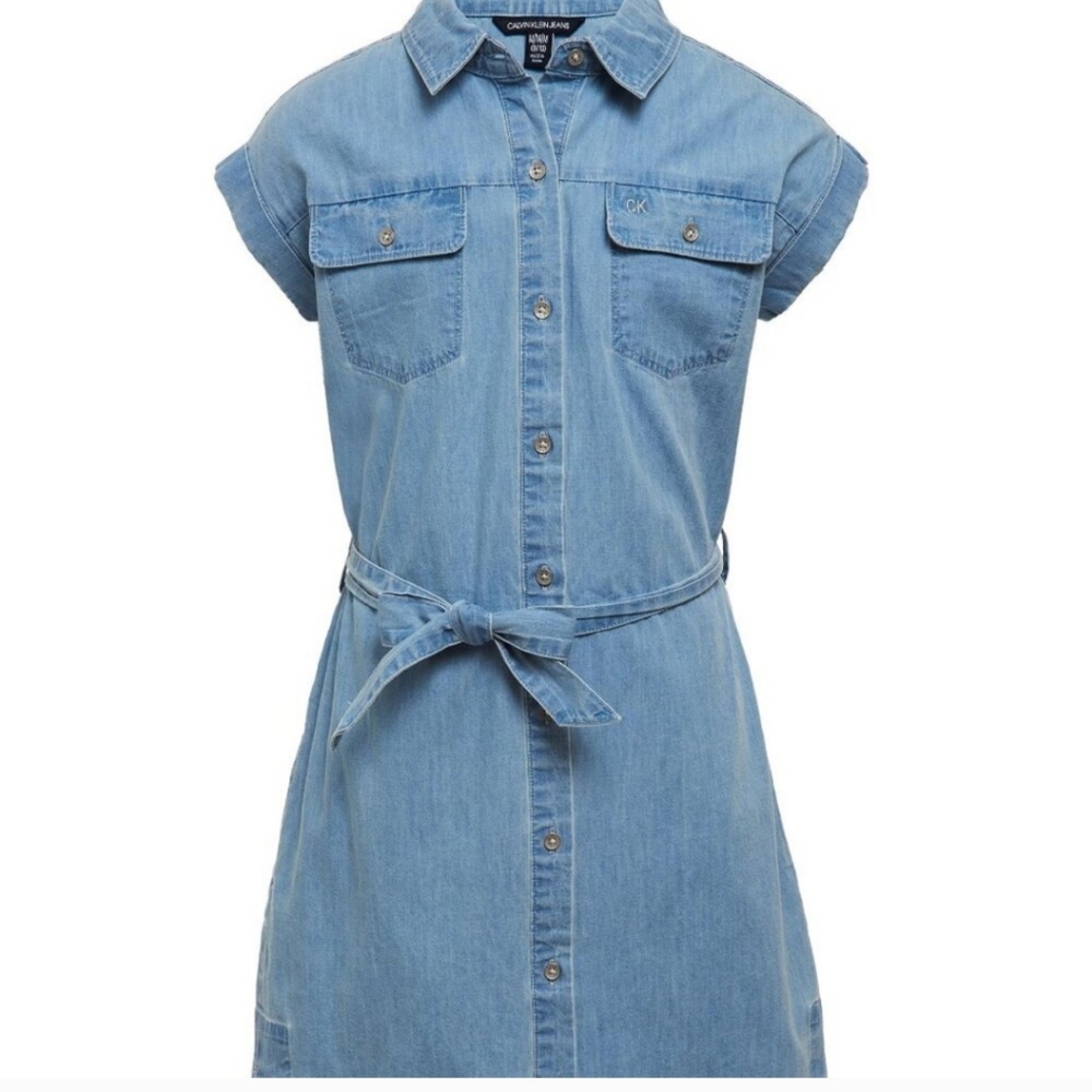 Calvin Klein Girls' Short Sleeve Chambray Denim Shirt Dress 12/14